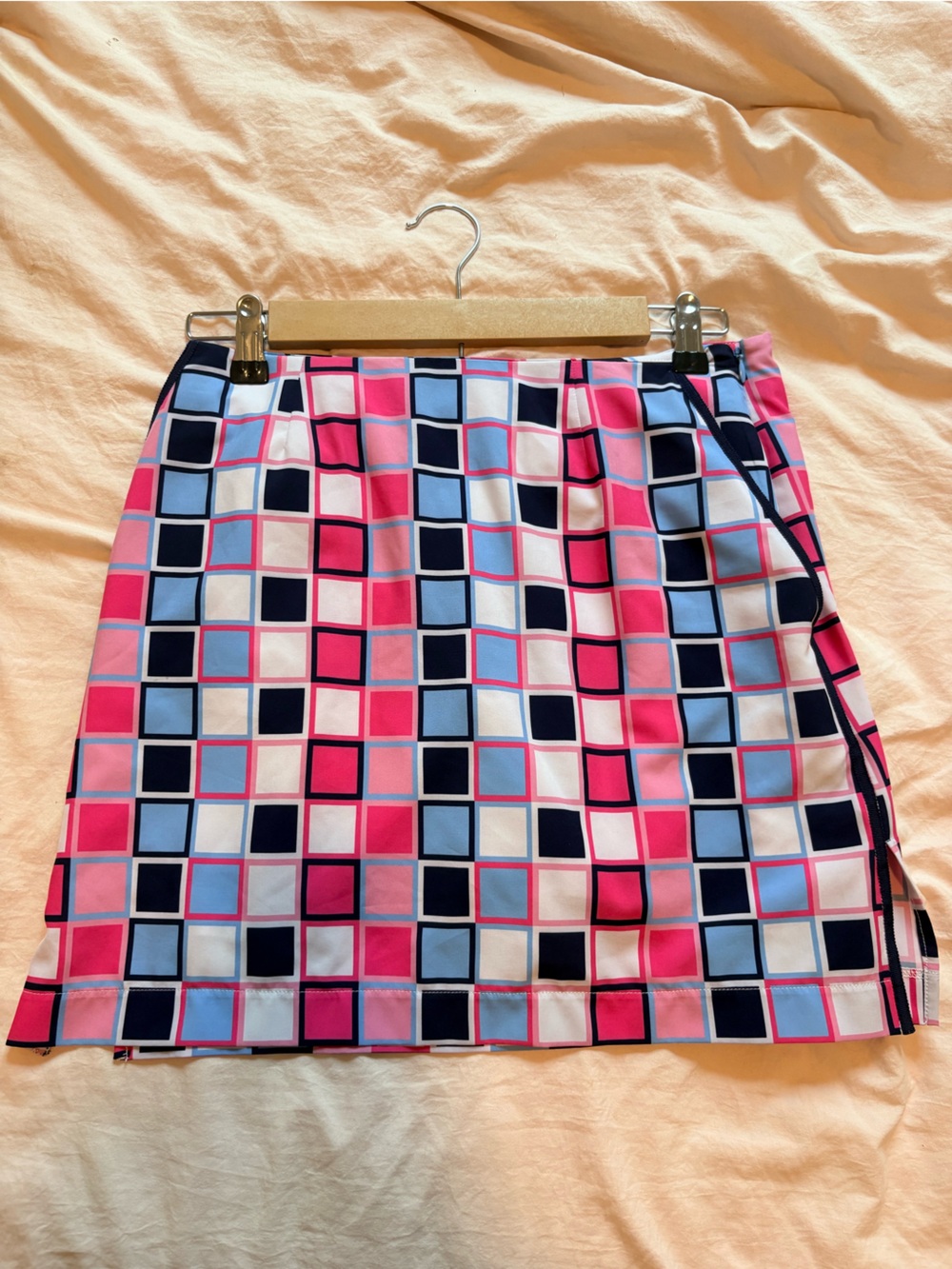 Golftini Make It Happen Geometric Square-Print Skirt in Pink, Light Blue & Navy